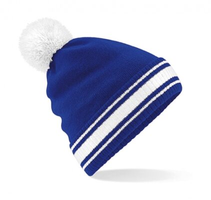 Beechfield stadium beanie sapka kontrasztos színű pom pom és csíkos szél