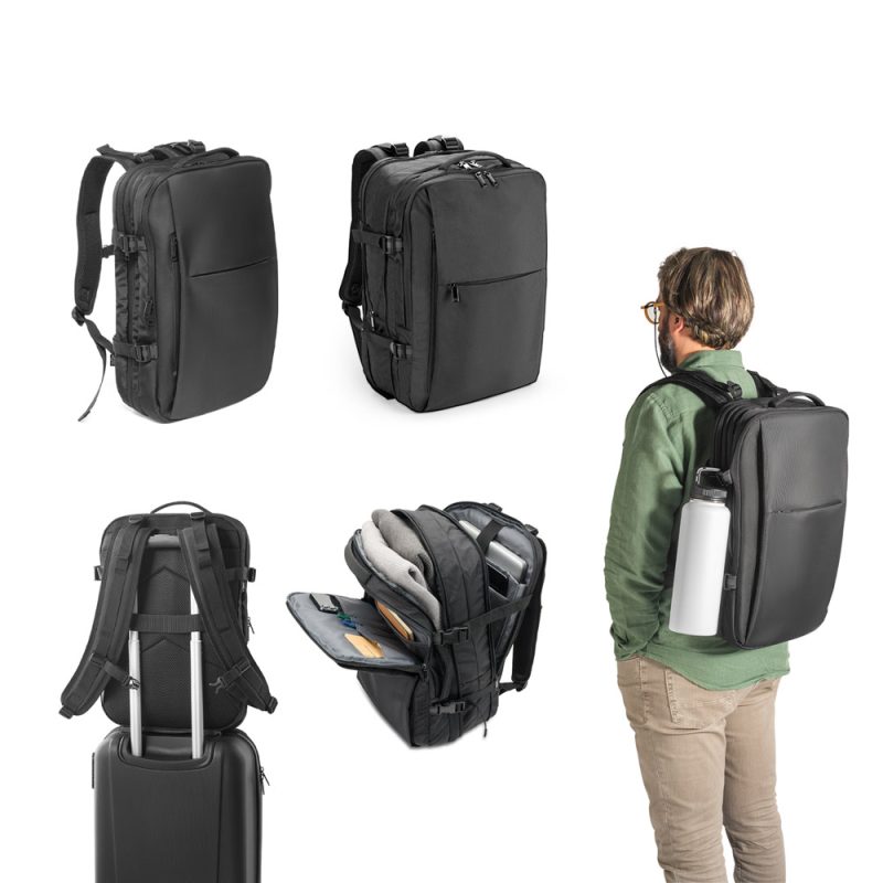 Laptop hátizsák dallas újrahasznosított 600D poliészterből készült utazó hátizsák 3 fő rekesz van 210D béléssel. Űrtartalom akár 29 liter.