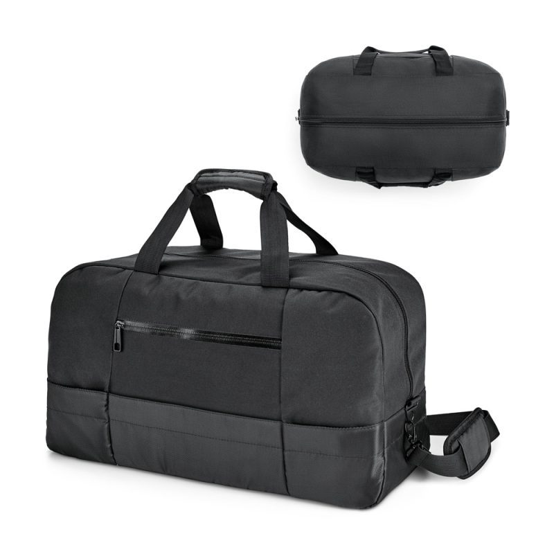Sporttáska zippers Exkluzív sporttáska 840D jacquardból és 300D-ből. A fő rekesz és az első zseb cipzárral ellátva. Állítható, párnázott szövet vállpánttal.