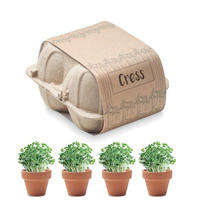 Ültető készlet cress 4 db terrakotta cserépből áll zsázsamagvakkal, tojástartó dobozban.
