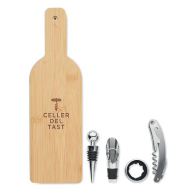 Vinovault set boroskészlet Palack alakú bambusz tokban. Dugóhúzót, kiöntőt, palack visszazárót és cseppfogó gyűrűt tartalmaz.
